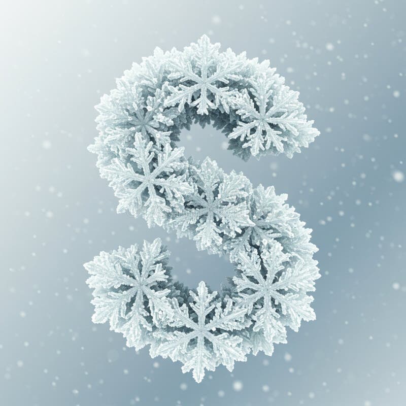 The image displays a 3D letter \'S\' composed of intricately detailed snowflakes. stock illustration