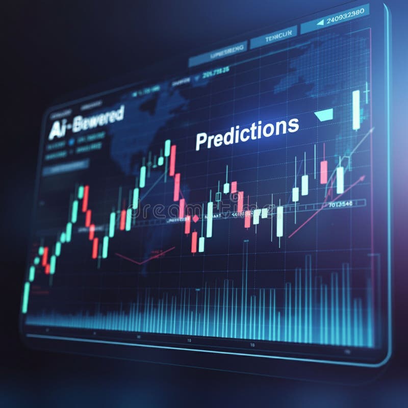 The image displays a digital screen showing a financial graph with candlestick charts royalty free illustration