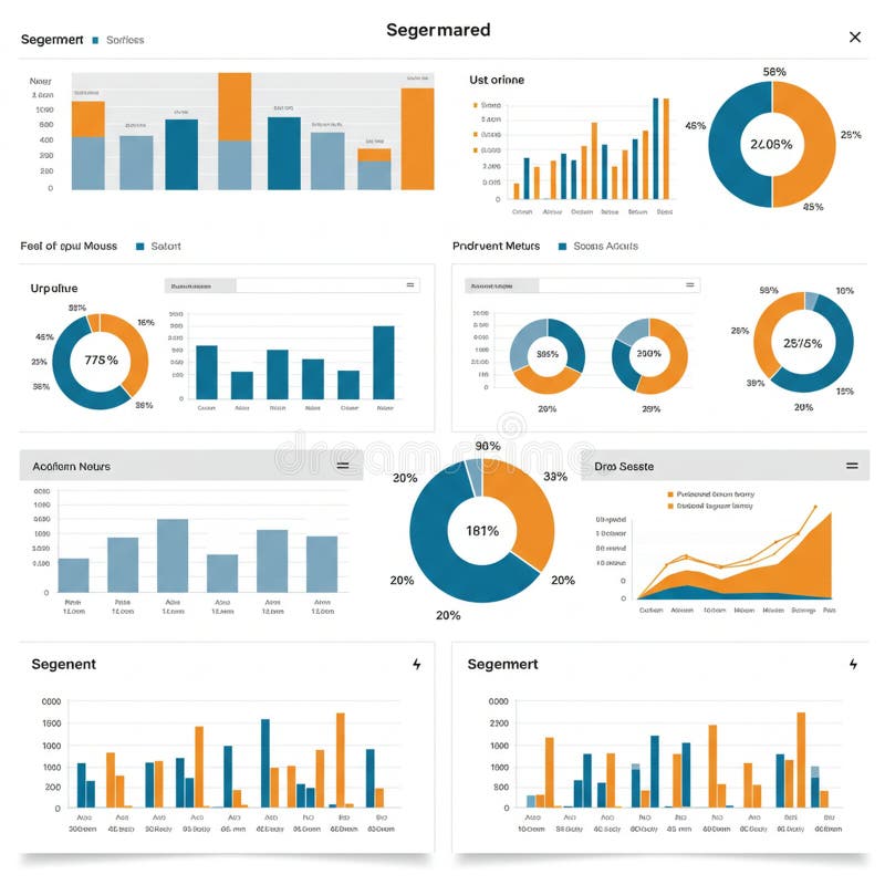 The image displays a grid of various bar and pie charts with a color scheme of blue stock illustration