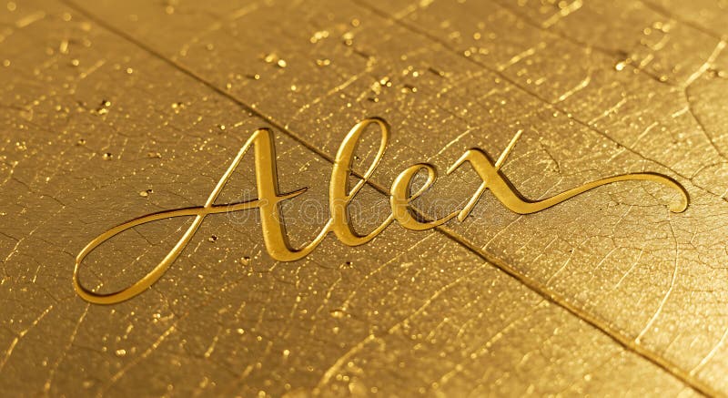 The image displays the name \'Alex\' written in elegant, cursive script on a textured gold background vector illustration