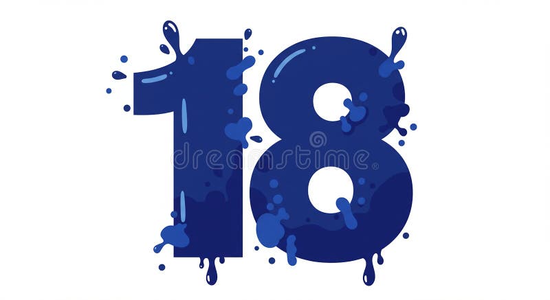 The image displays the number \'18\' in bold, dark blue font, embellished with spla stock illustration