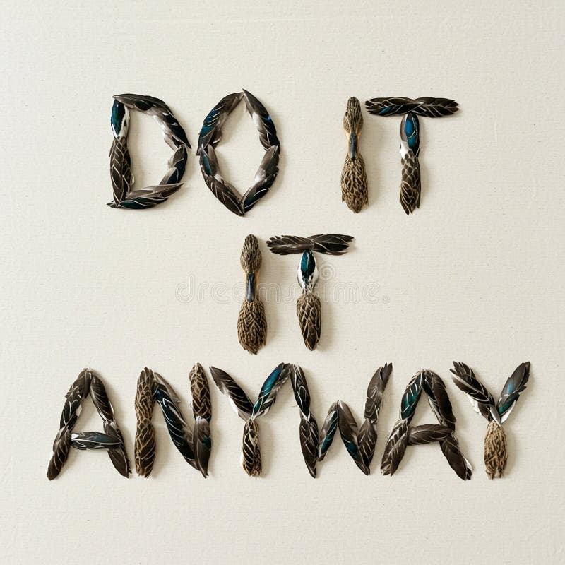 The image displays the phrase \'DO IT ANYWAY\' crafted from feathers. The feathers are royalty free illustration