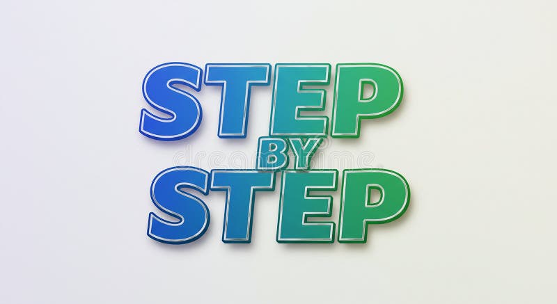 The image displays the phrase \'STEP BY STEP\' in bold, uppercase letters. The words stock illustration