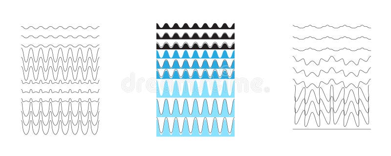 This image displays a series of repeating wave patterns, presented in both black and white and a gradient of light blue royalty free illustration