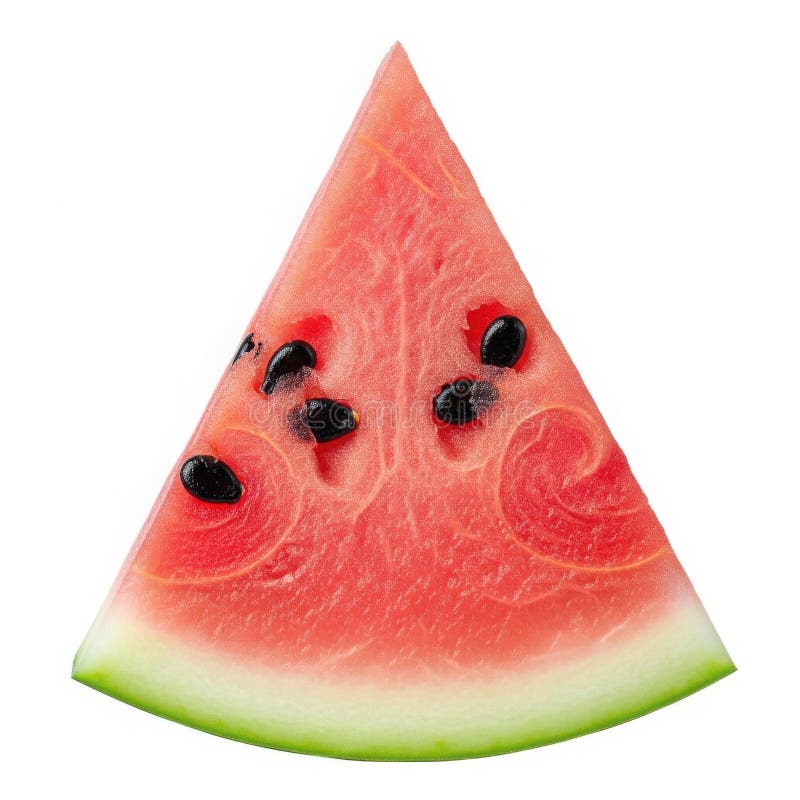 This image displays a single slice of watermelon with its bright red interior and black seeds clearly visible. The outer rind is greenish-white, and the cut reveals the crisp, juicy texture typical of ripe watermelon. The slice is triangular in shape, highlighting the seed pattern and the freshness of the fruit. Triangular cut watermelon stock images, royalty-free photos and pictures