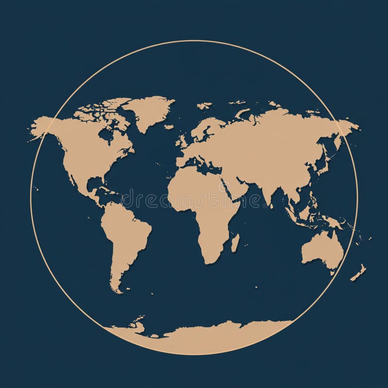 The image displays a stylized world map highlighting continents in a tan color against vector illustration