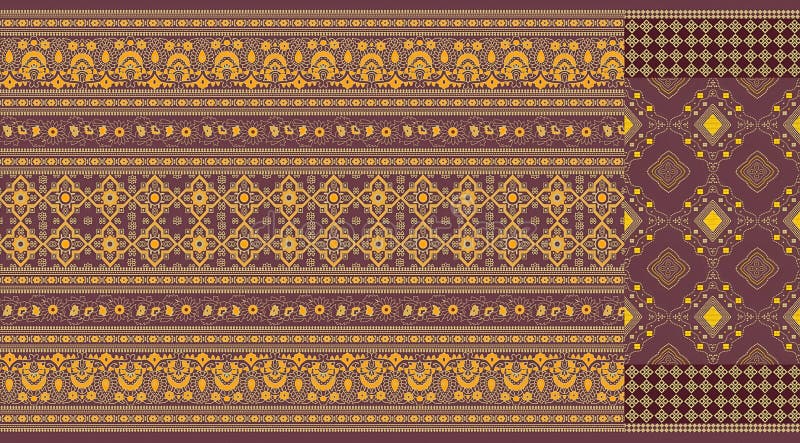 The image displays a textile pattern, which appears to be inspired by traditional Indian designs and cross-stitch embroidery. vector illustration