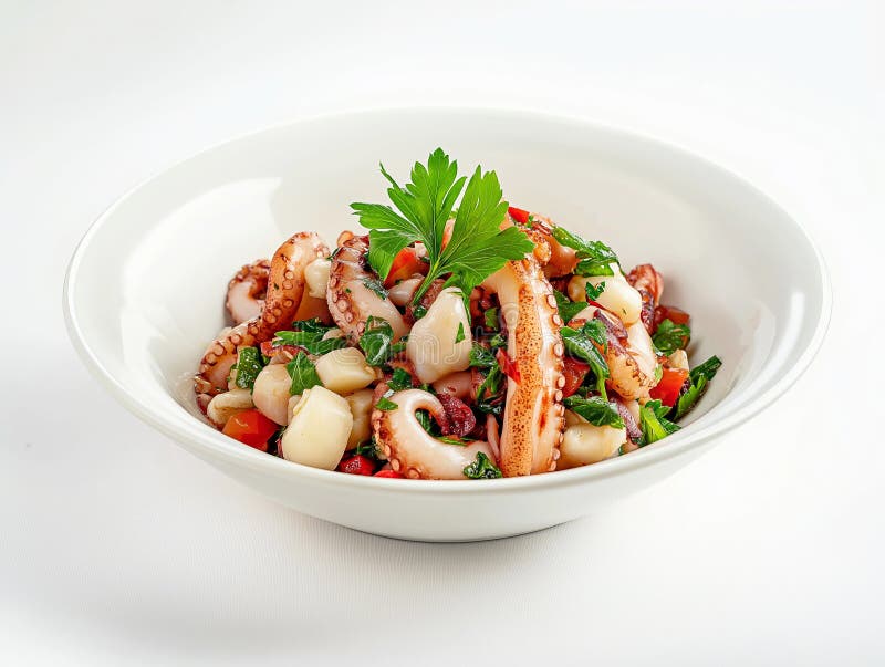 The image displays a vibrant seafood salad in a white bowl, featuring octopus tentacles stock illustration