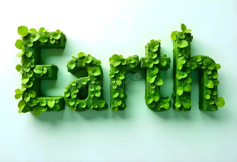 The image displays the word \'Earth\' creatively rendered in 3D, with each letter covered in lush green foliage stock illustration