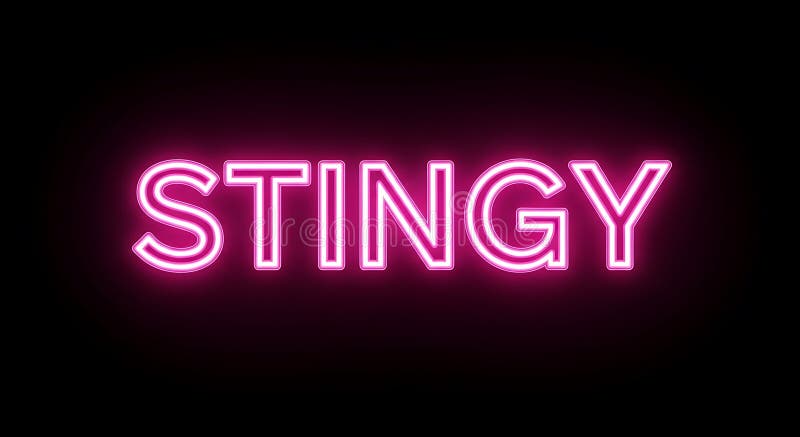 The image displays the word \'STINGY\' in bright pink neon letters against a black stock illustration