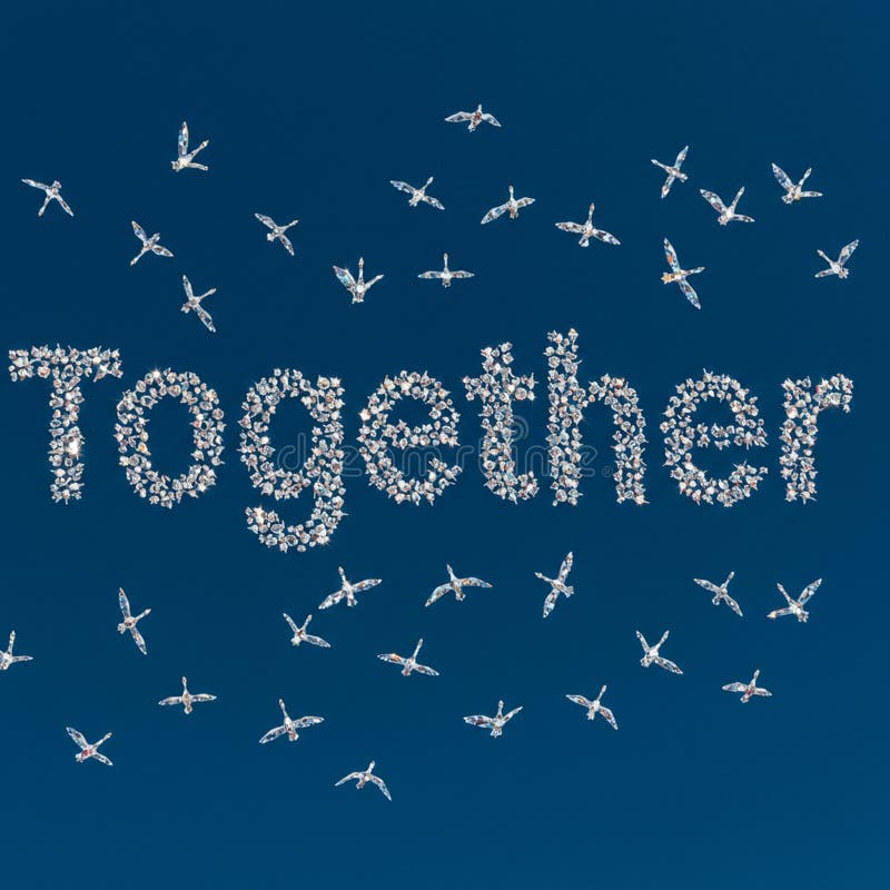 The image displays the word \'Together\' formed by numerous white birds flying in stock illustration