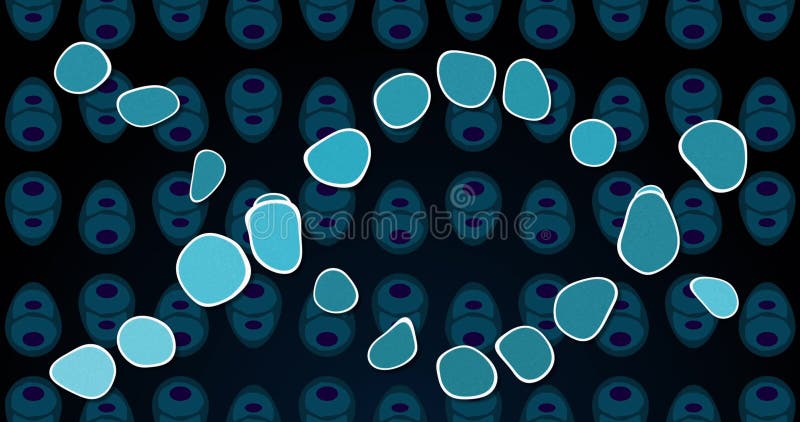 Image of dna over blue cells on black background. Human biology, anatomy and body concept digitally generated image. Code division stock images, royalty-free photos and pictures