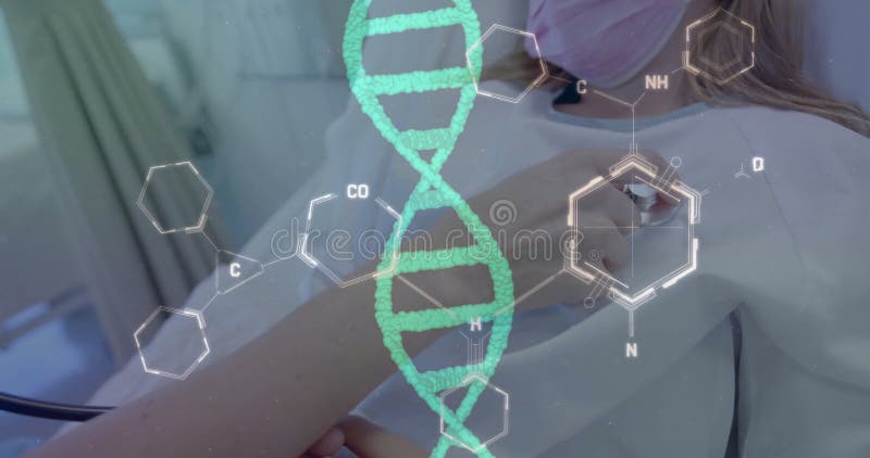 Image of dna strand and data processing over caucasian female doctor and girl patient. Global medicine, connections, computing and data processing concept digitally generated image. Artificial intelligence genomic sequencing stock images, royalty-free photos and pictures