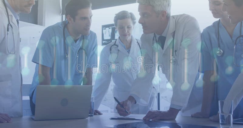 Image of dna strand and data processing over diverse doctors royalty free stock image