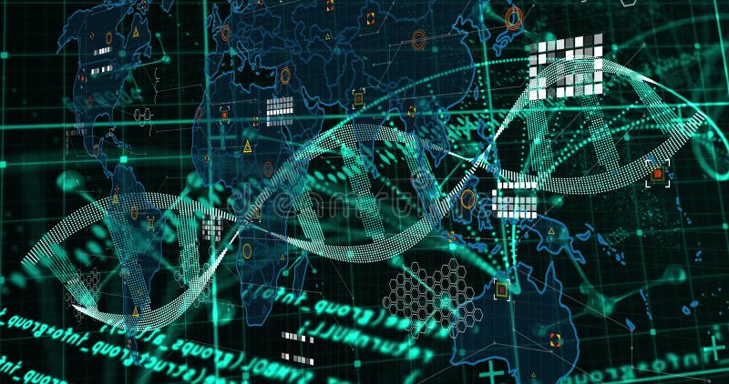 Image of dna strand and data processing over world map on black background royalty free illustration