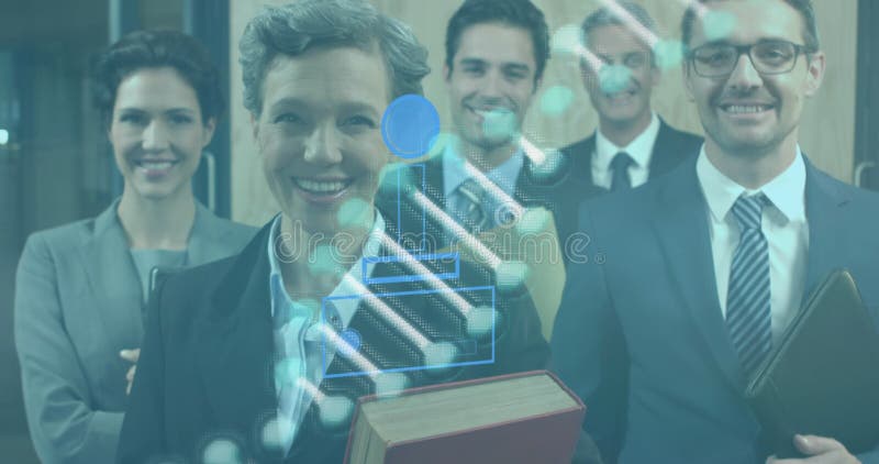 Image of dna strand over diverse business people in office royalty free stock images