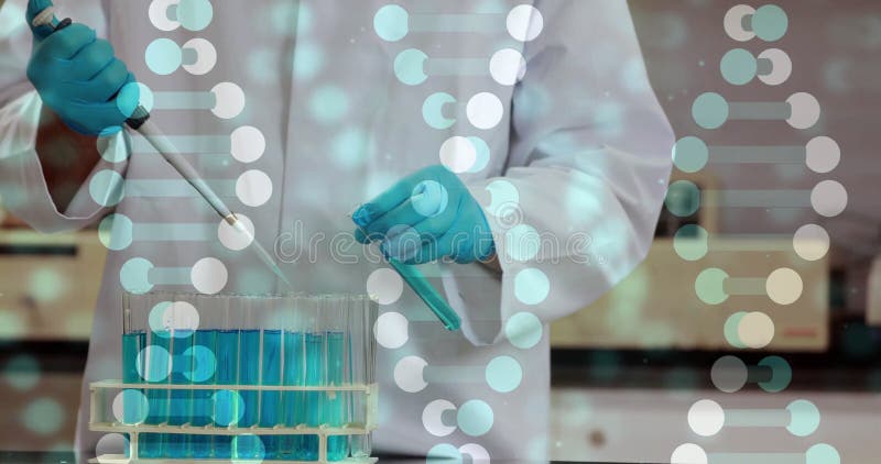 Image of dna strands data processing over caucasian male scientist in laboratory royalty free stock photo