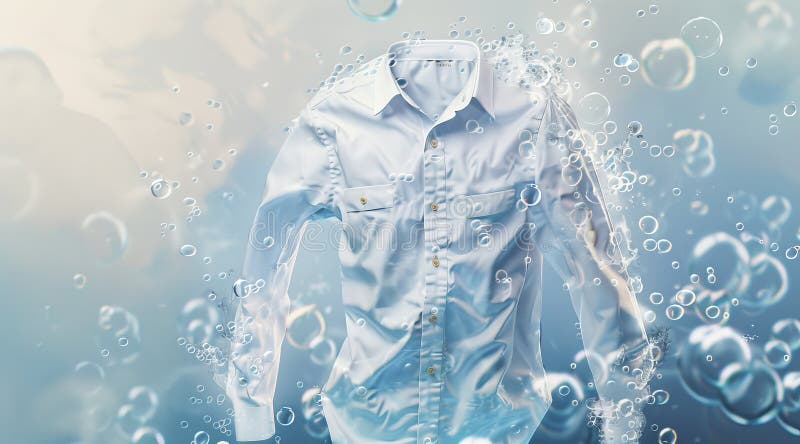 A surreal portrayal of a white shirt being cleansed surrounded by a sea of floating bubbles against a soft blue background. The image conveys a sense of thorough cleaning and freshness, ideal for depicting laundry detergents or fabric care. The crisp shirt appears revitalized, suggesting the effectiveness of the washing process. AI generated. A surreal portrayal of a white shirt being cleansed surrounded by a sea of floating bubbles against a soft blue background. The image conveys a sense of thorough cleaning and freshness, ideal for depicting laundry detergents or fabric care. The crisp shirt appears revitalized, suggesting the effectiveness of the washing process. AI generated