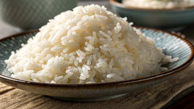 Image du riz instantané cuit une vue rapprochée du riz instantané blanc et moelleux sur une assiette. les grains sont doux et coll illustration libre de droits
