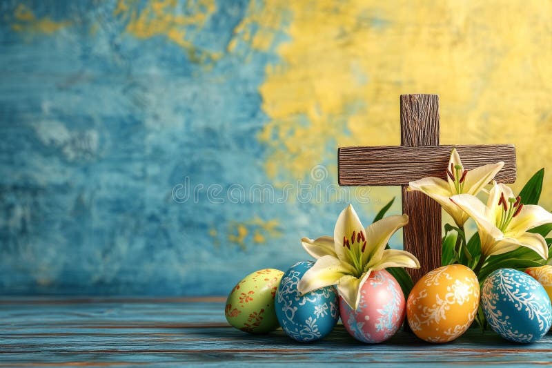 The image, Easter Cross with Eggs and Lilies, conveys a sense of peacefulness in a religious context stock photos