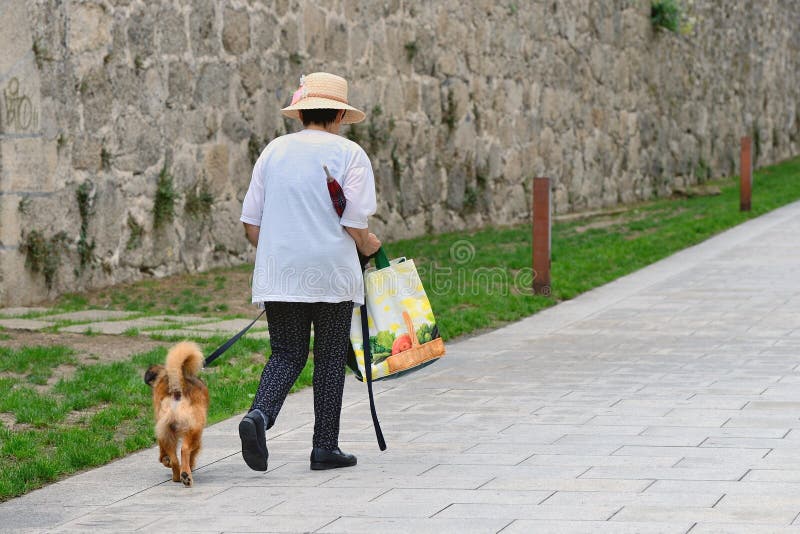 Elderly Woman with a Dog Walking on the Street Editorial Photo Image