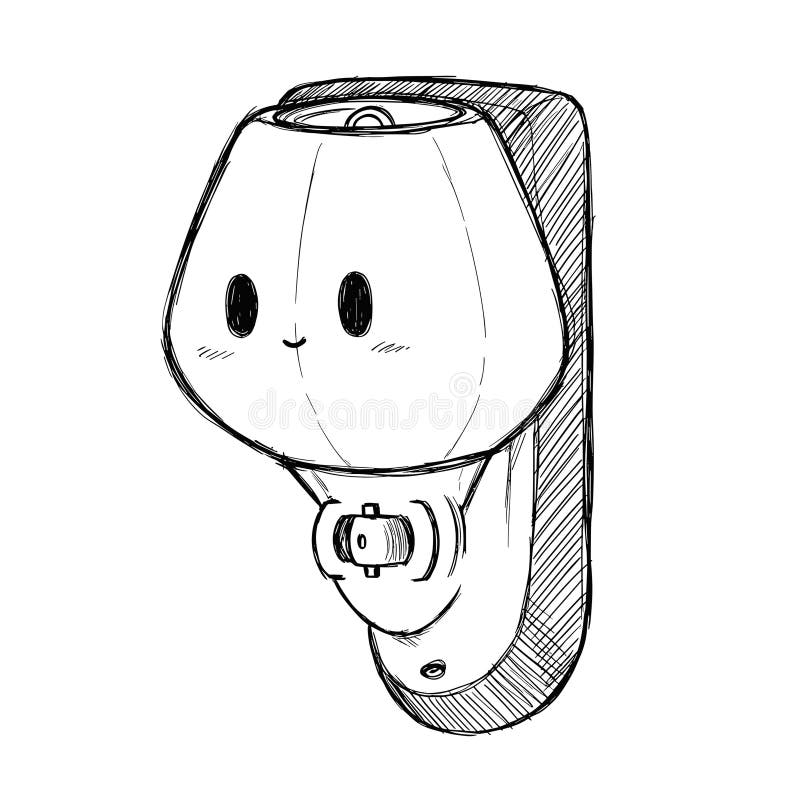 Image en noir et blanc de la lumière nocturne. Illustration noire et blanche de charme avec un joli caractère anthropomorphe de nuit. Rendu dans un style simple et convivial, cet adorable compagnon de lit offre un confort symbolique et une assurance contre l'obscurité. Représente le décor de pépinière sécurité d'enfance routines de coucher douce illumination et caractère attrayant conception parfait pour les thèmes de bébé.