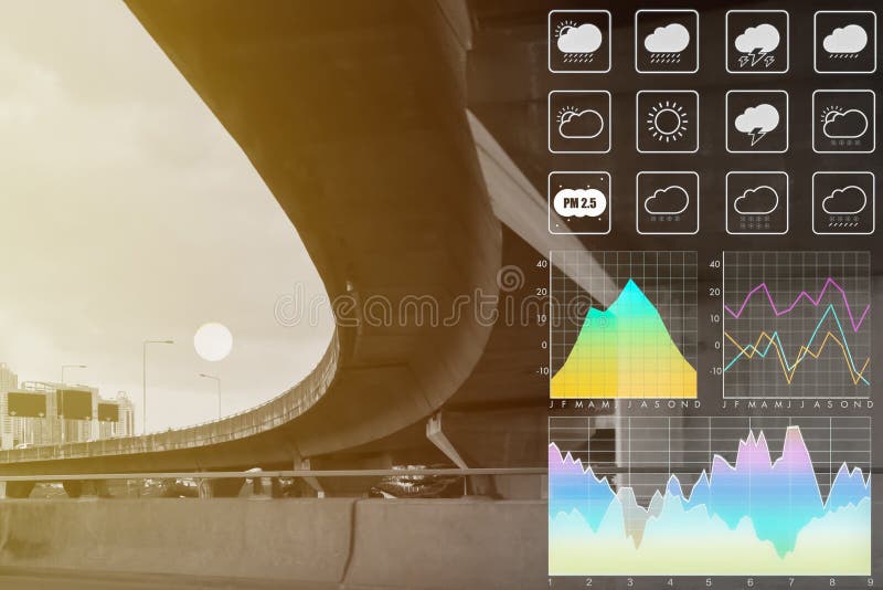 Image of the environmental problem due to hamful PM 2. 5 dust in urban area with graph and chart of weather symbol for meteorology royalty free stock image