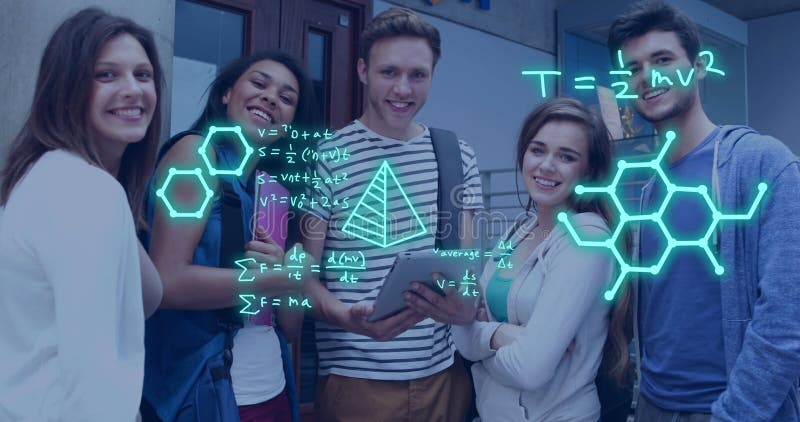 Image of equations and data processing over diverse students royalty free stock images
