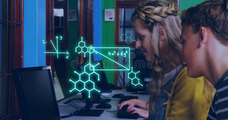 Image of equations and data processing over diverse students royalty free stock photos