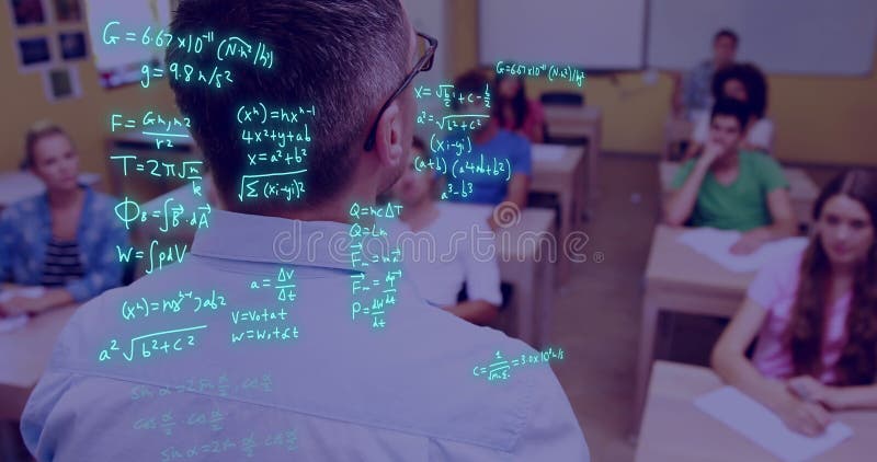 Image of equations and data processing over diverse students royalty free stock photography
