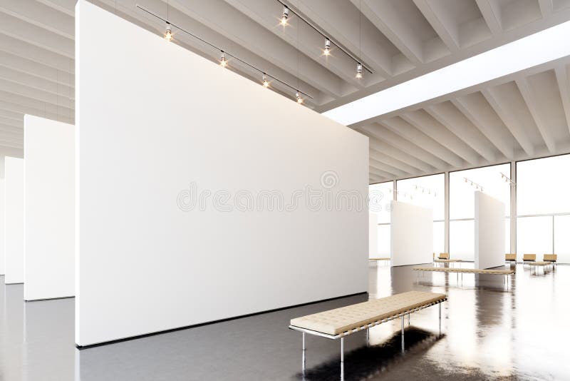 Image exposition modern gallery,open space.Blank white empty canvas hanging contemporary art museum.Interior loft style