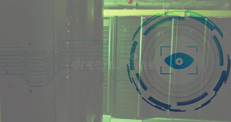Image of eye in viewfinder with loading circles over illuminated server racks in server room royalty free stock images