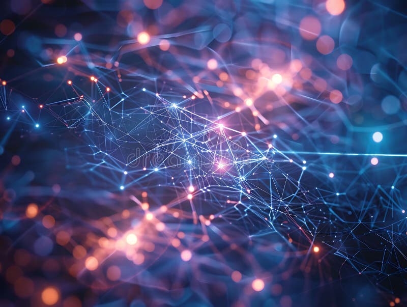 Abstract digital matrix background with interconnected nodes in shades of blue. stock illustration