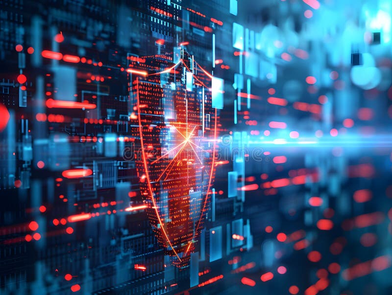 Abstract digital shield deflecting cyber attacks futuristic technology background. stock illustration