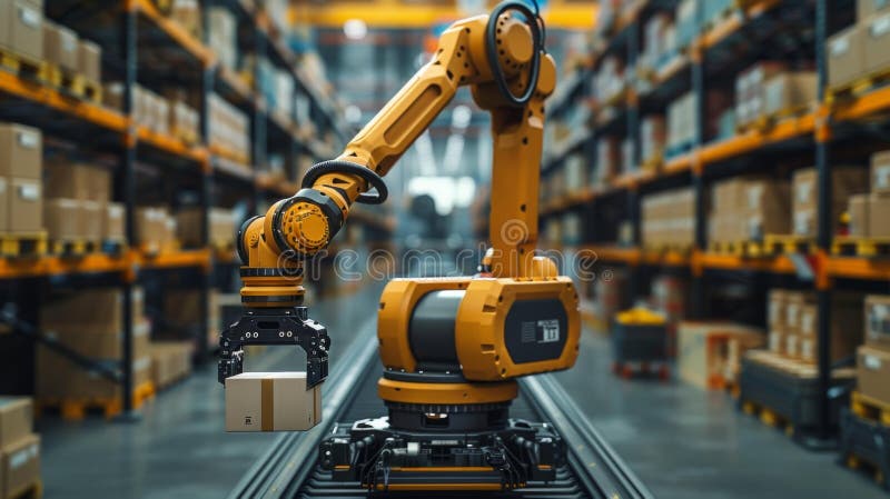 Automated Robotic Arm in Warehouse - Generative AI vector illustration