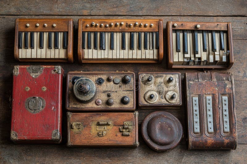 Antique Wooden Musical Instruments and Electronic Devices Collection royalty free illustration