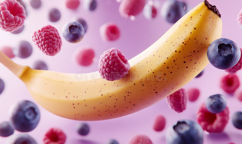 The image features bananas and berries floating on a purple background royalty free stock photo