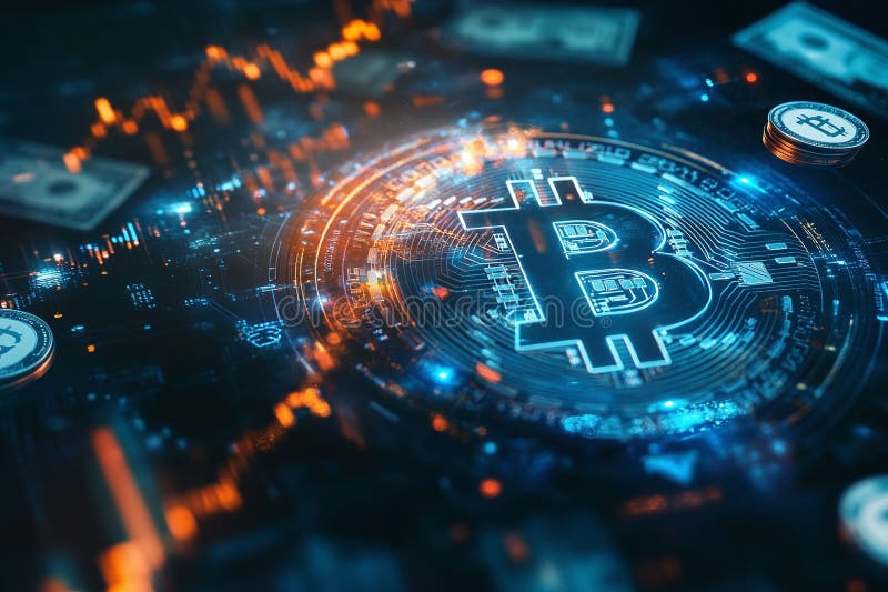 Bitcoin Cryptocurrency Symbol on Digital Technology Background with Blue and Orange Lights vector illustration