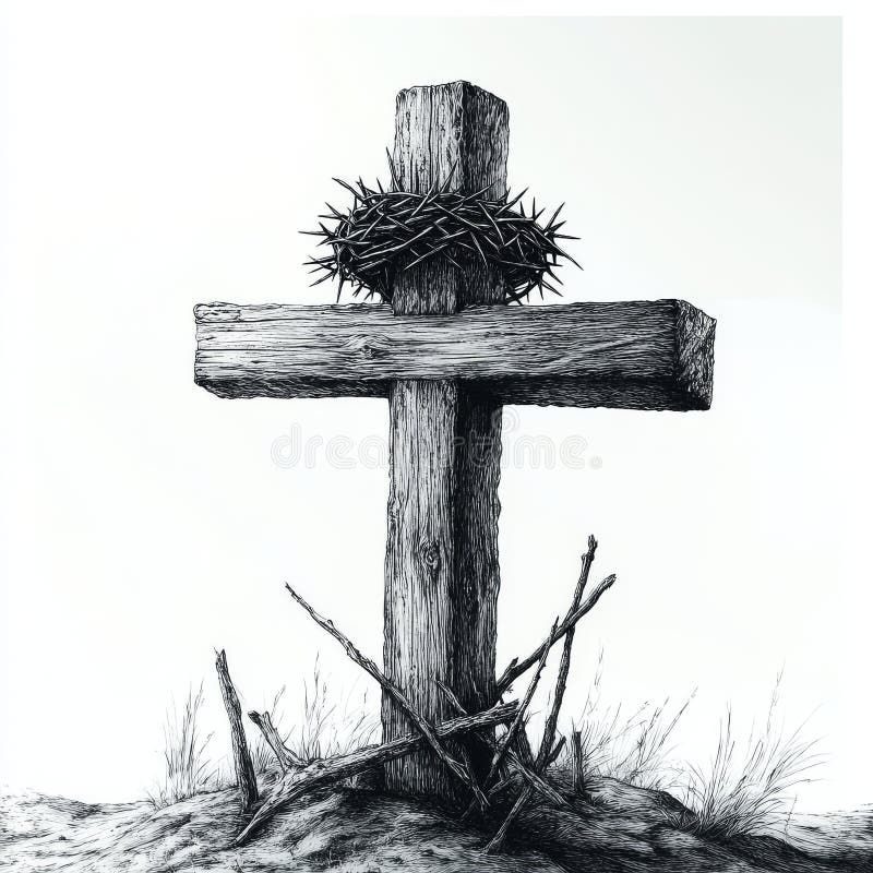 The image features a black cross with a crown of thorns hanging down from it, signifying sacrifice and faith stock image