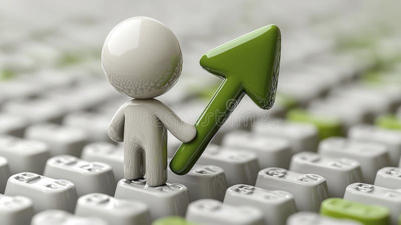 Character holds green arrow against keyboard background vector illustration