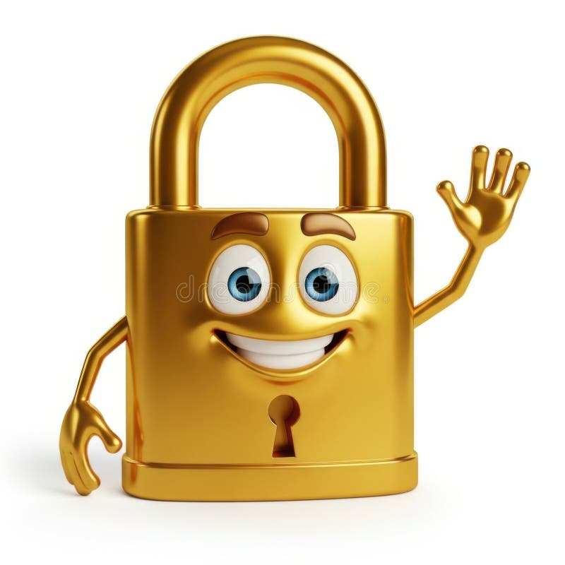 Golden lock character waving isolated on transparent background royalty free illustration