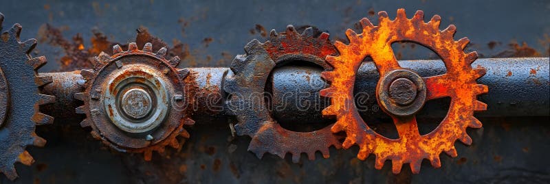 Interconnected rusted metal gears stock illustration