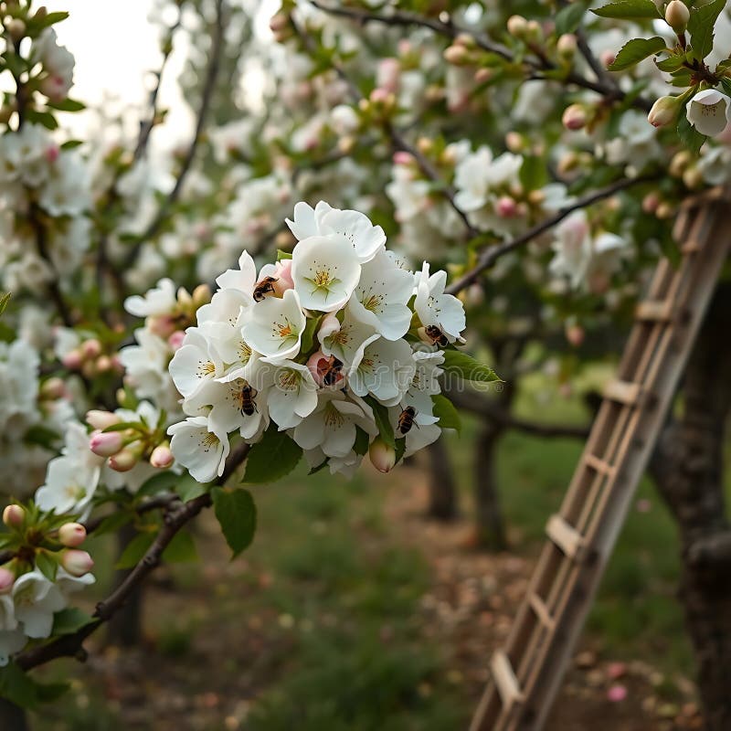 This image features a close-up view of beautiful, blooming apple blossoms on a tree in an orchard stock illustration
