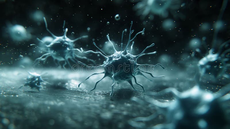 The image features a close-up view of several microscopic, spiky stock image