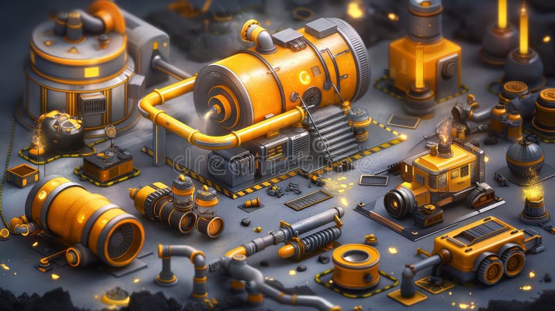 The image features a colorful, industrial scene with various machines, pipes stock images
