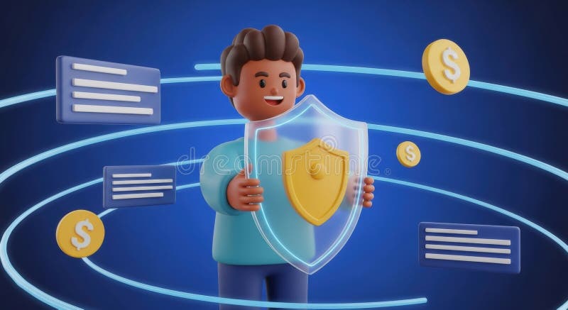 Cartoon character protecting digital assets online vector illustration
