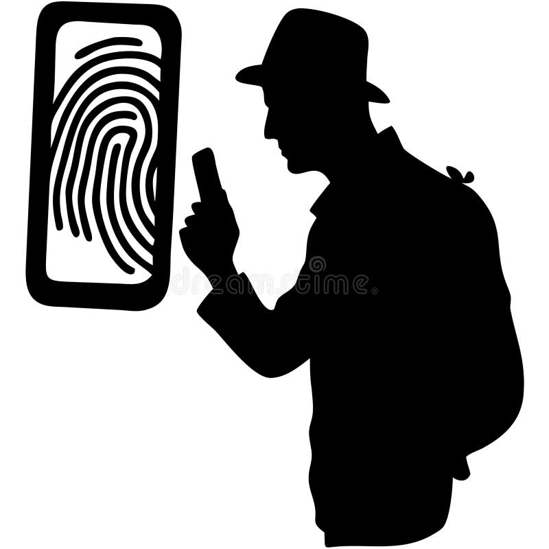 Detective Silhouette Analyzing Fingerprint with Magnifying Glass Vector Illustration stock illustration