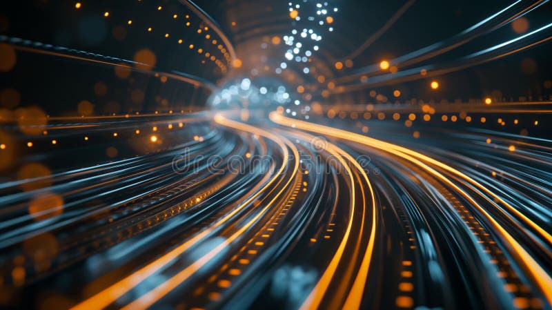 The image features a dynamic and abstract representation of glowing lines and stock photography