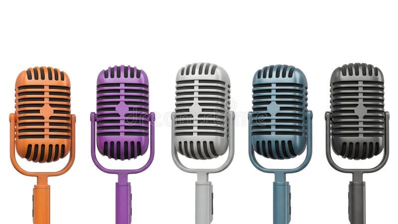 Five vintage microphones in various colors royalty free illustration