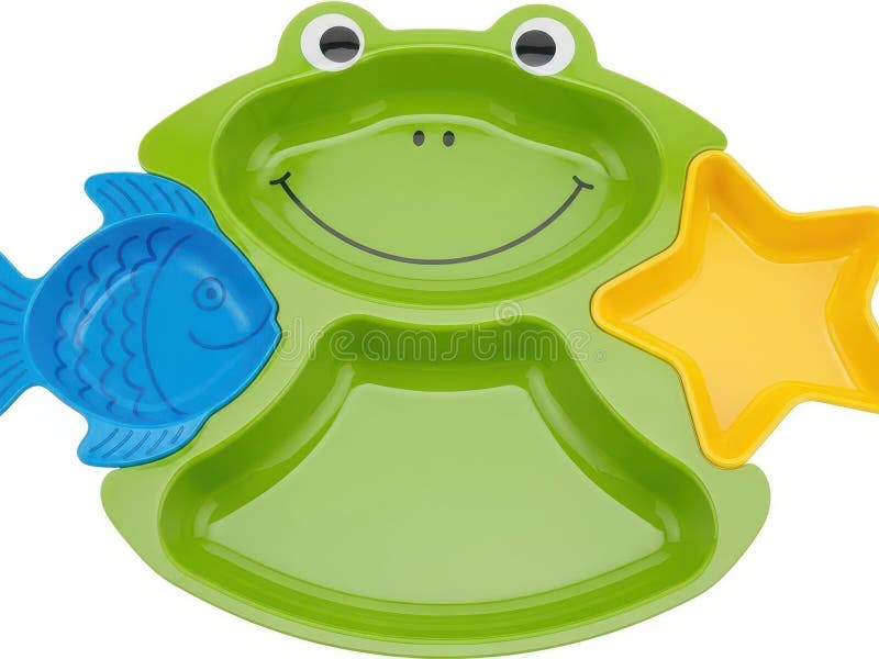 Frog-shaped kids divided plate with fish and star compartments stock illustration